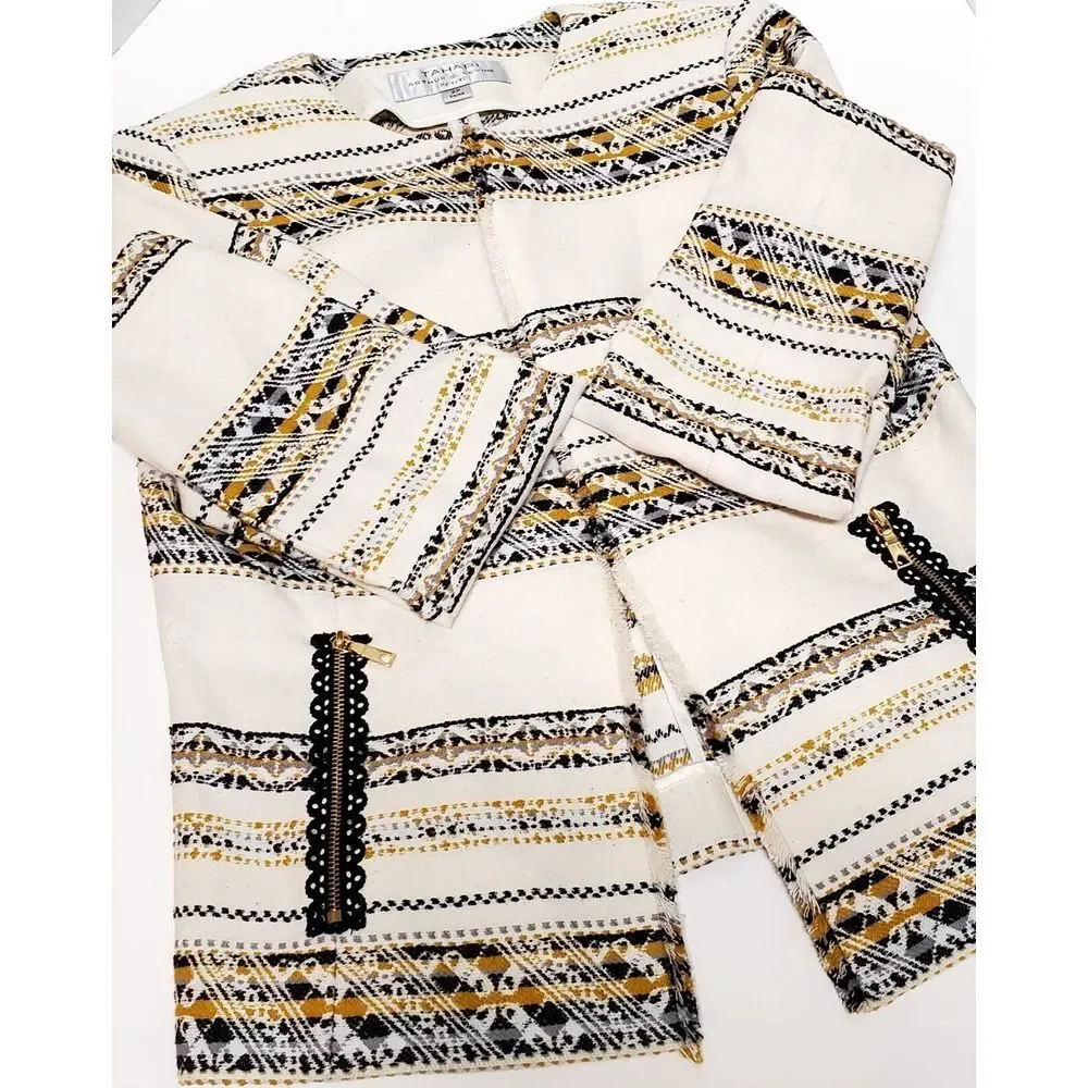 Tahari Open Blazer Jacket 2P Arthur S. Levine Woven Cream/Black/Gold Fringe Edge - Picture 1 of 10